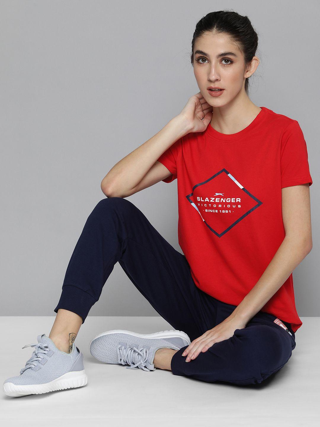 slazenger women red brand logo printed pure cotton t-shirt
