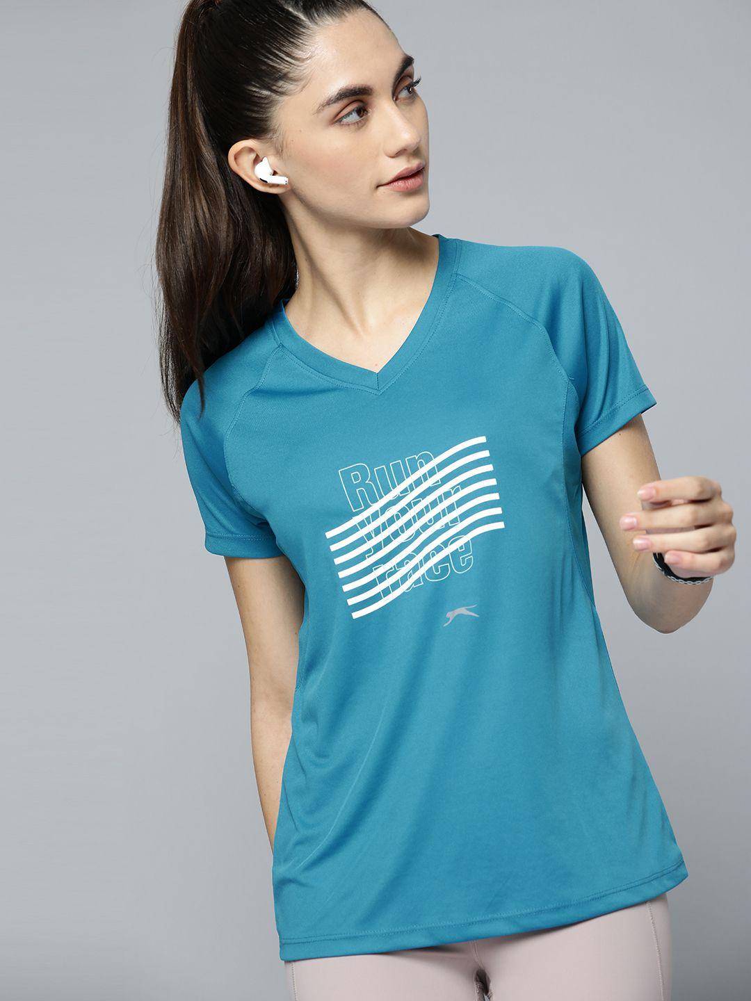 slazenger women teal blue & white striped running t-shirt with reflective detail