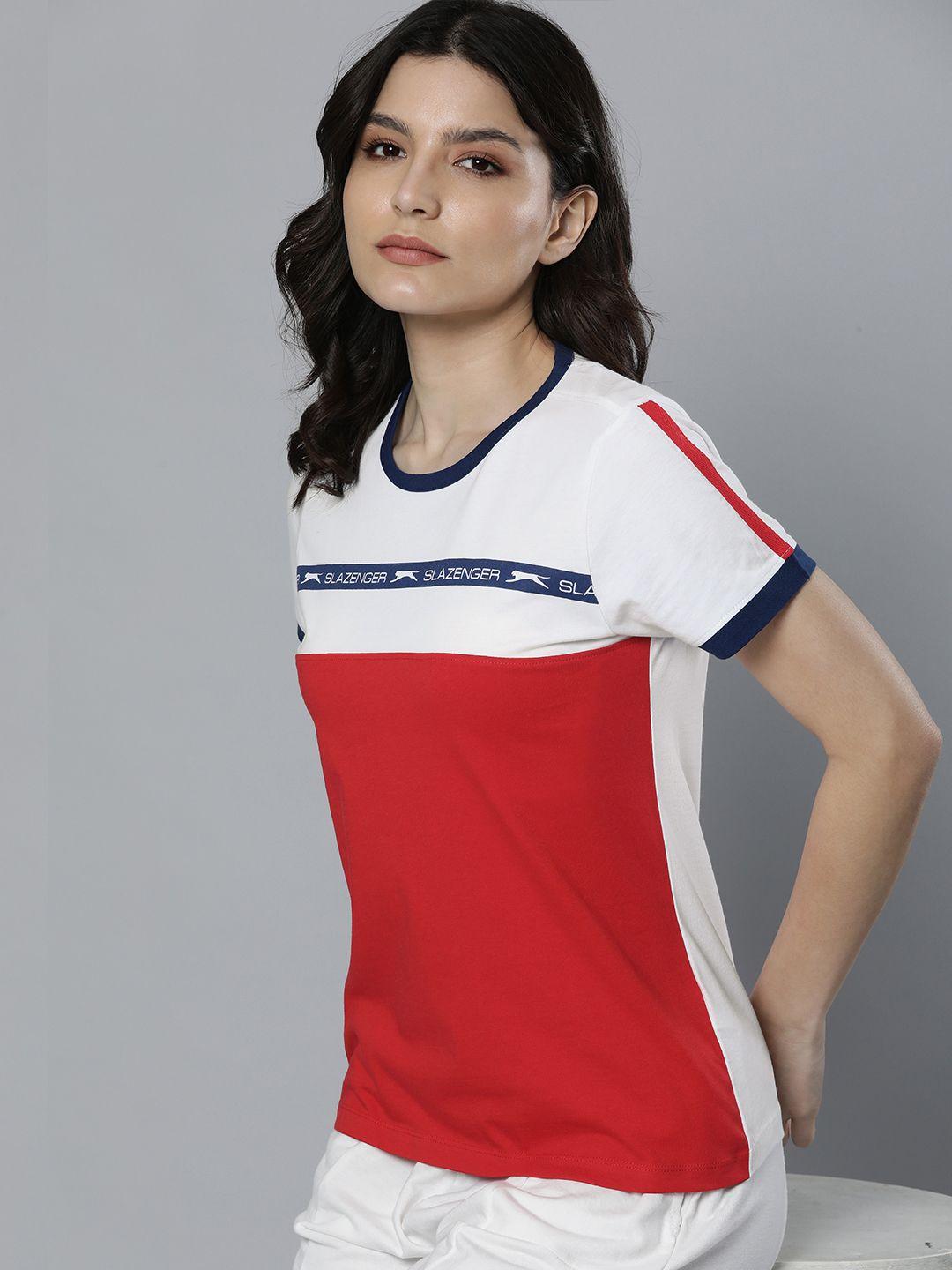 slazenger women white & red colourblocked pure cotton  t-shirt