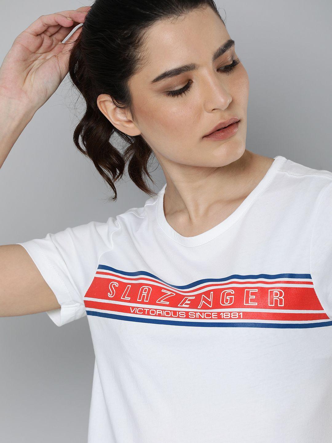 slazenger women white brand logo printed pure cotton athleisure t-shirt