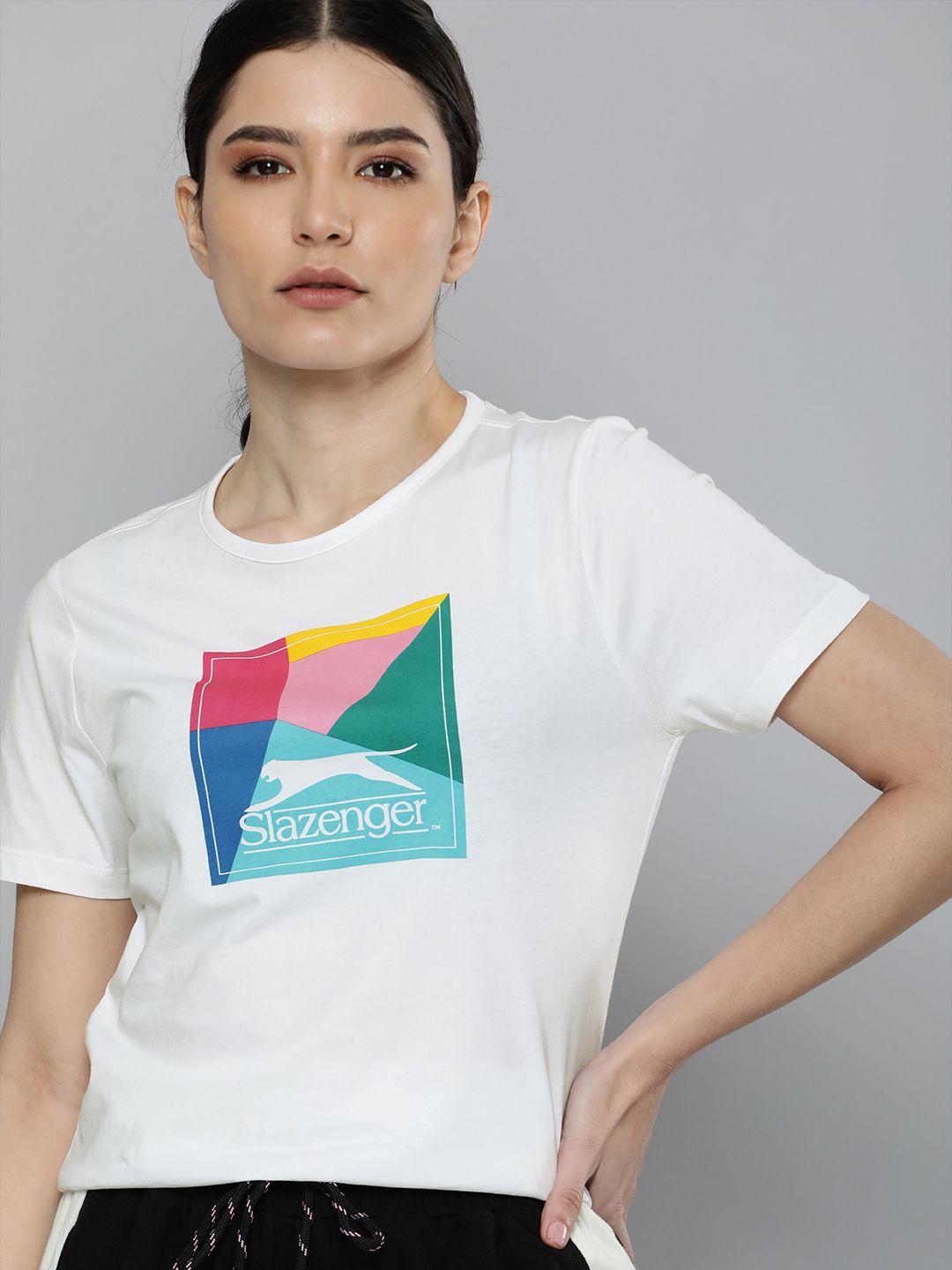 slazenger women white brand logo printed pure cotton athleisure t-shirt