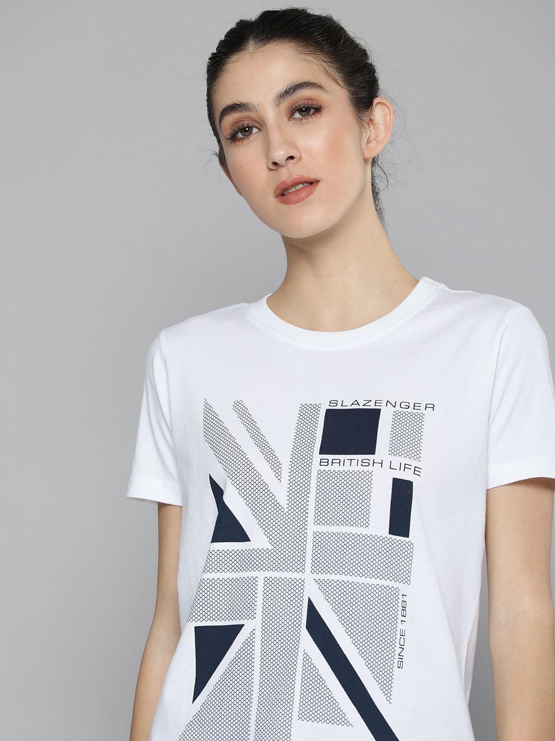 slazenger women white geometric printed pure cotton t-shirt