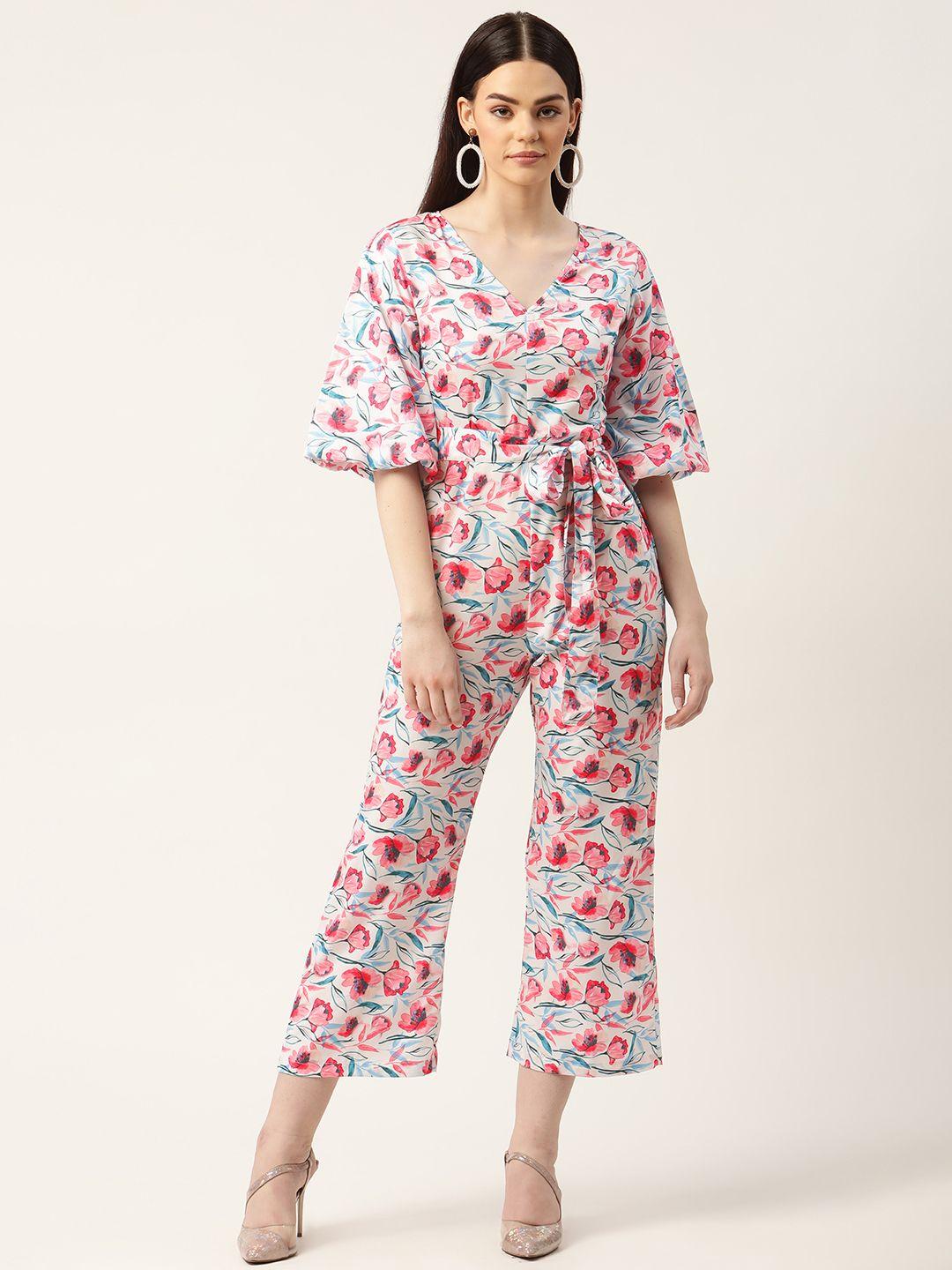 sleek italia cream-coloured & peach-coloured floral printed crop culotte jumpsuit & belt