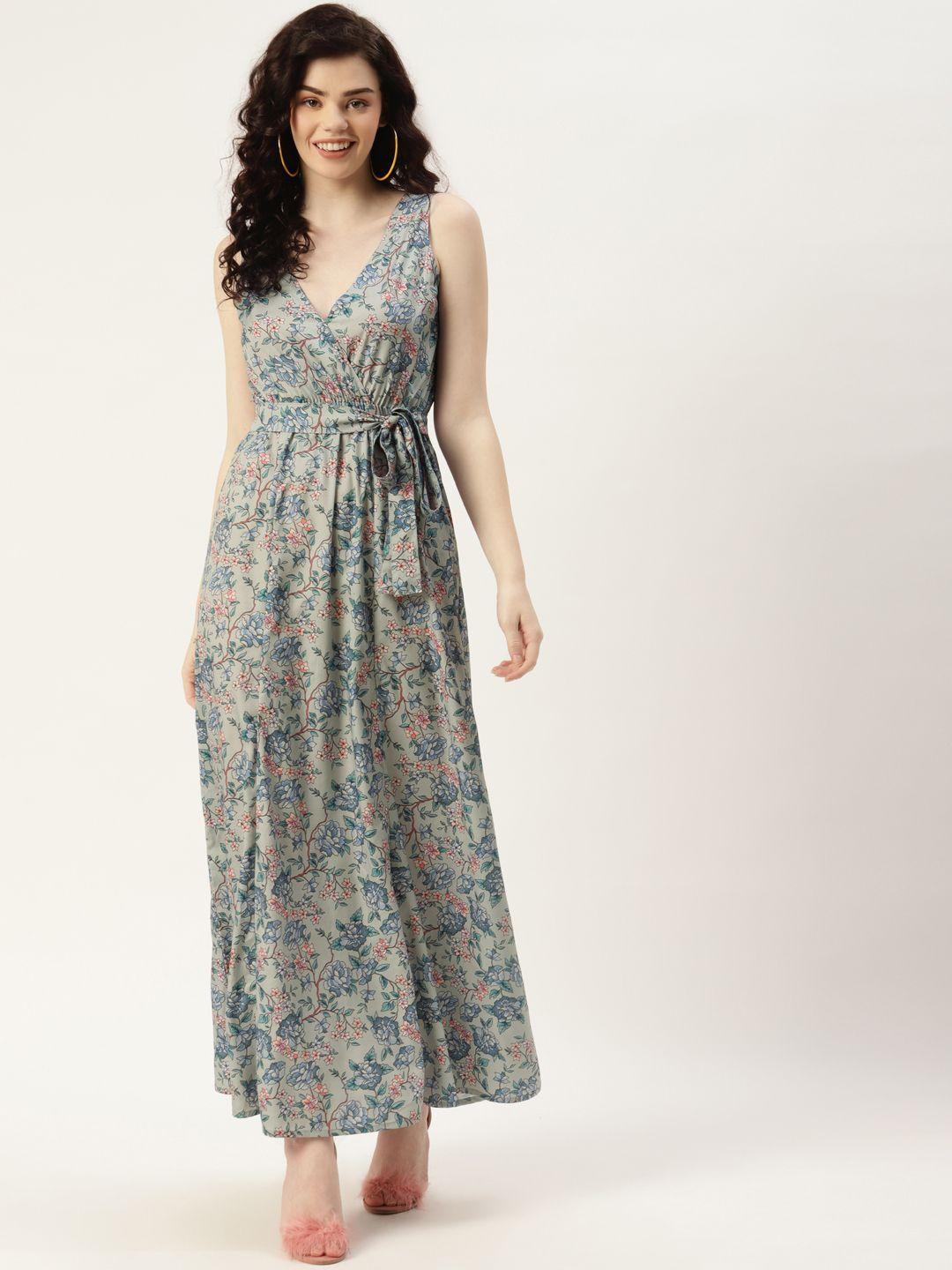 sleek italia women grey & blue floral print crepe maxi dress