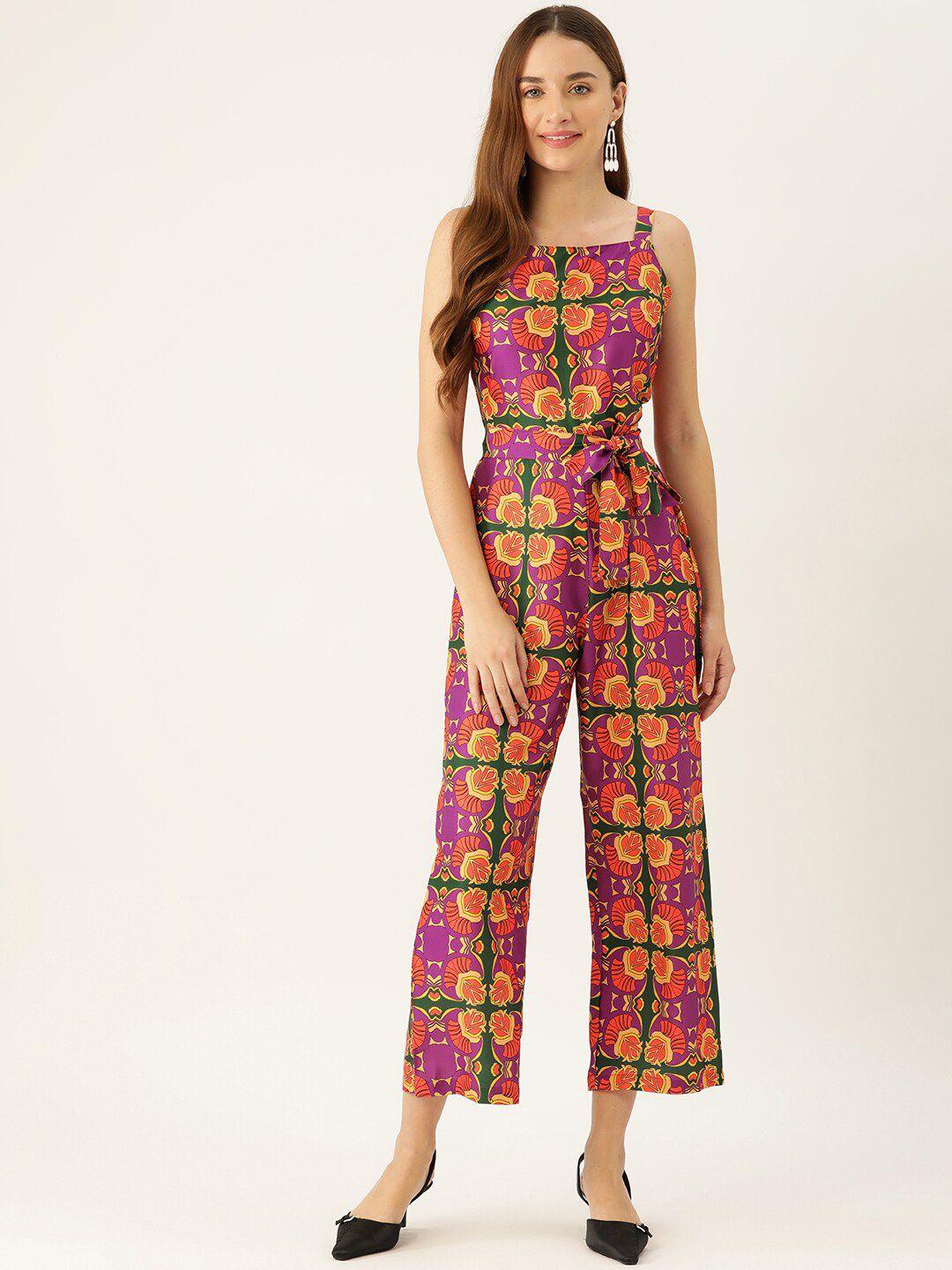 sleek italia abstract printed shoulder straps waist tie-ups basic jumpsuit