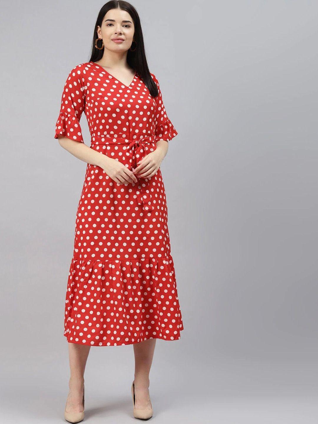 sleek italia bell sleeves polka dot printed crepe a-line dress
