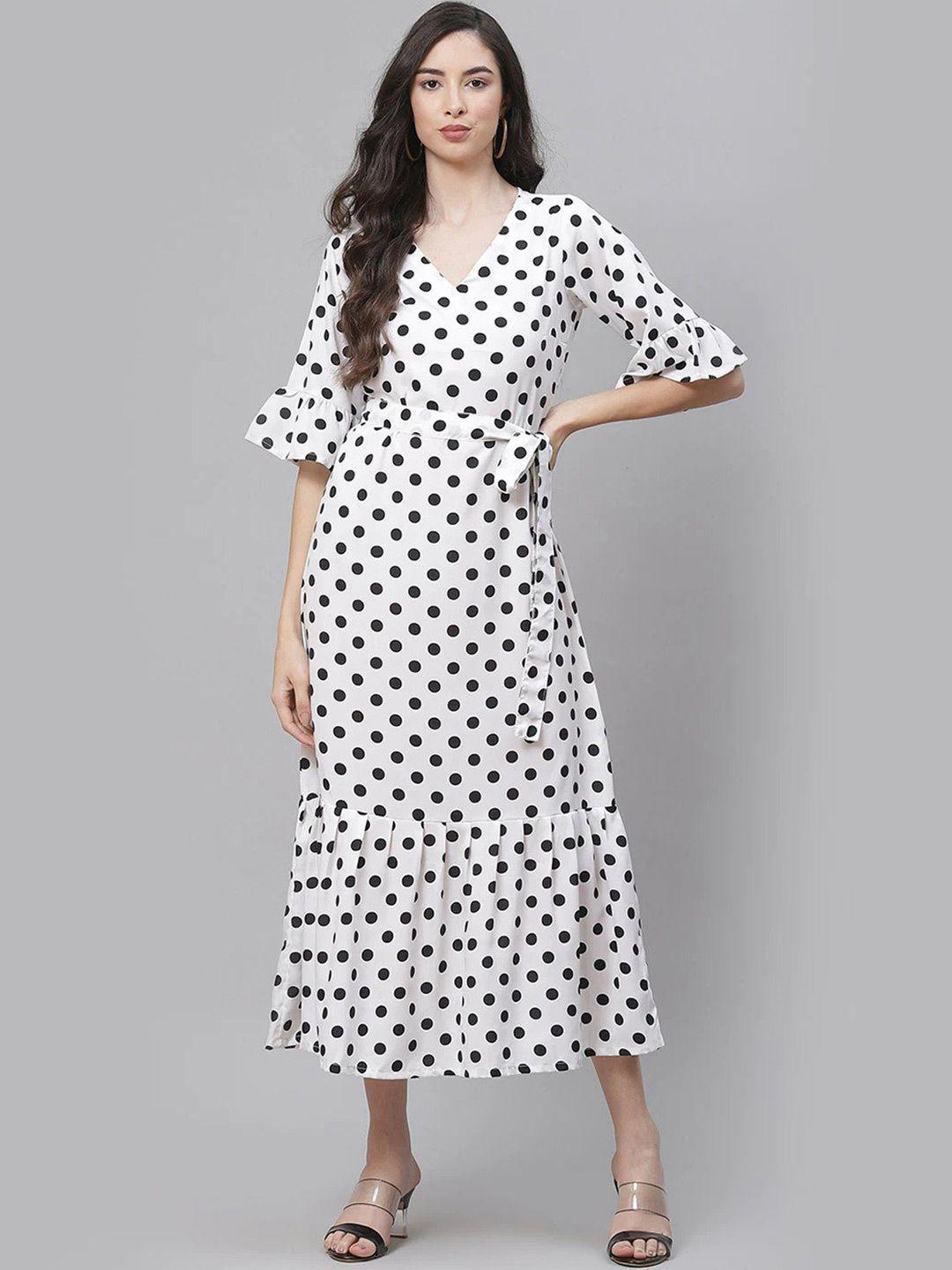 sleek italia bell sleeves polka dot printed crepe fit & flare midi dress