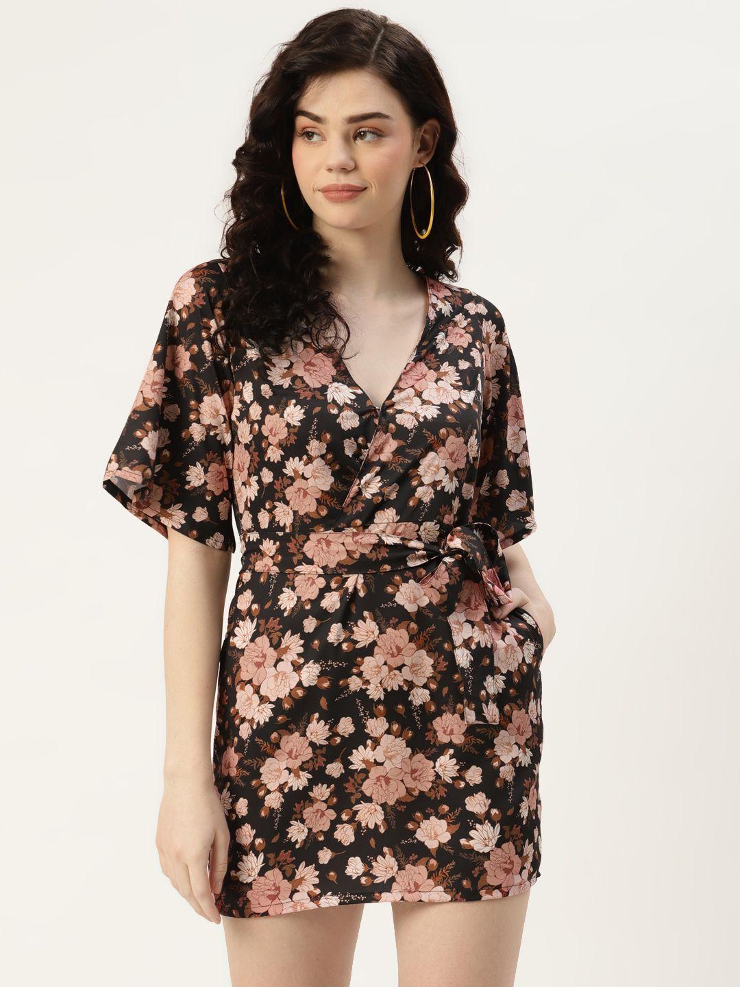 sleek italia black & beige floral print flared sleeves crepe mini dress with waist tie ups