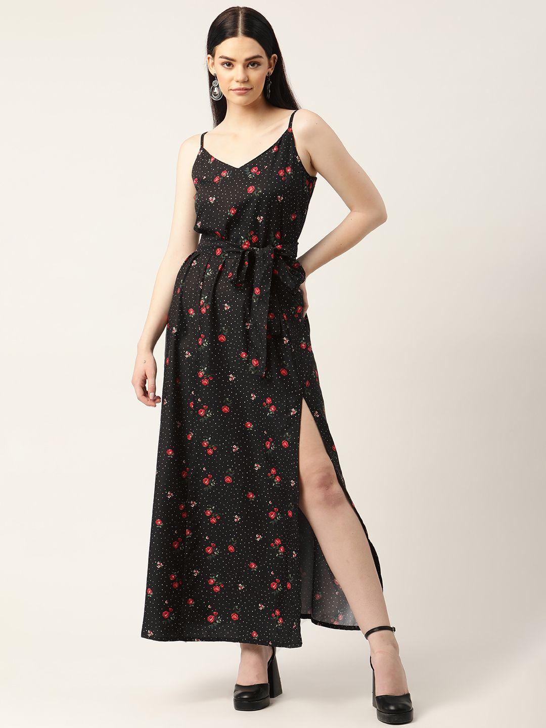 sleek italia black & white floral print crepe a-line maxi dress with side slit & belt