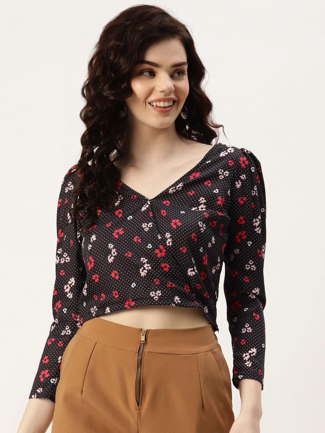 sleek italia black floral print crepe wrap crop top