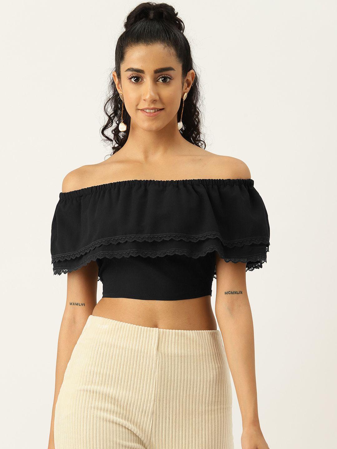 sleek italia black off-shoulder flutter sleeve layered crepe bardot crop top