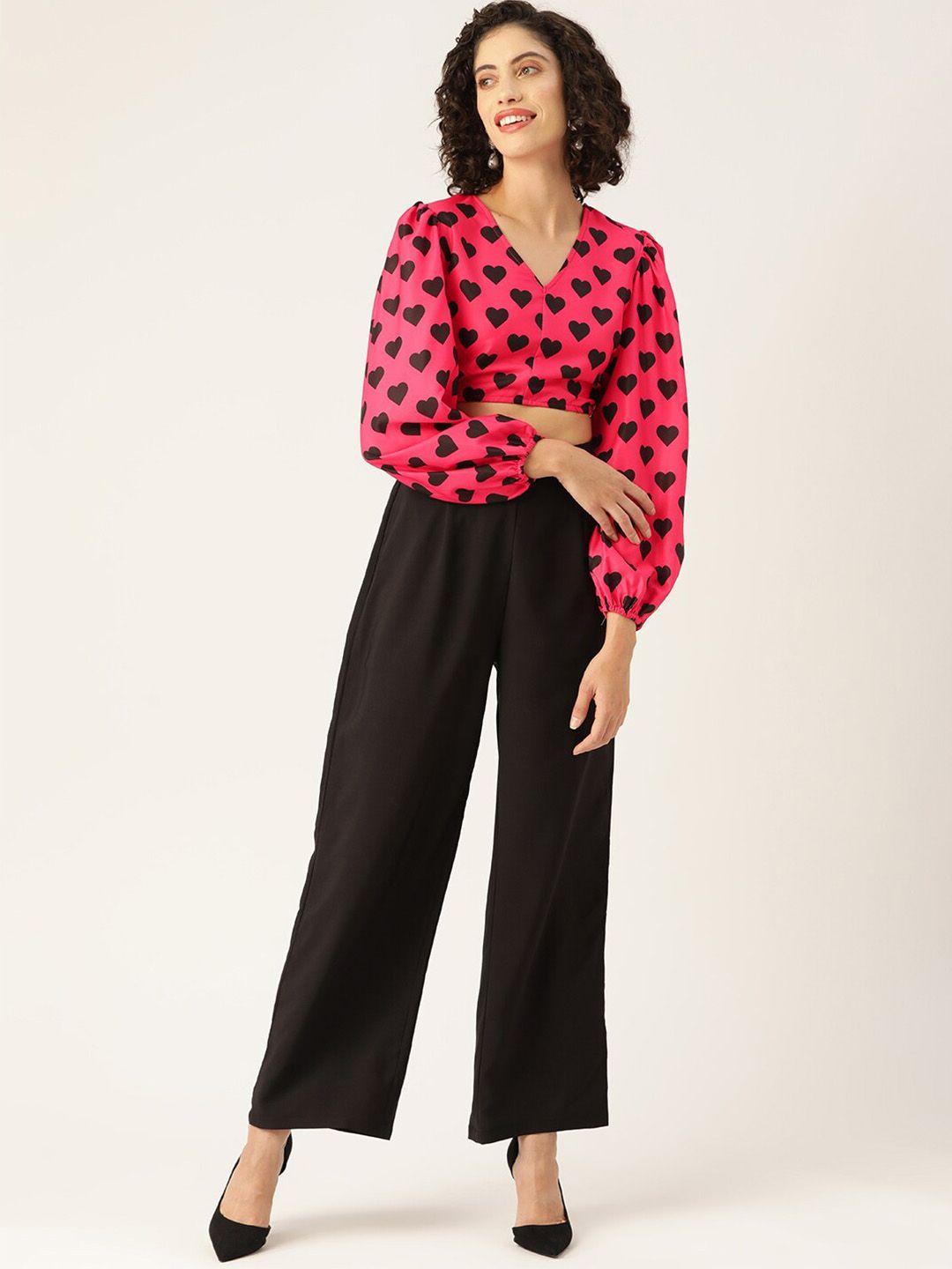 sleek italia conversational printed puff sleeves crop top with trousers