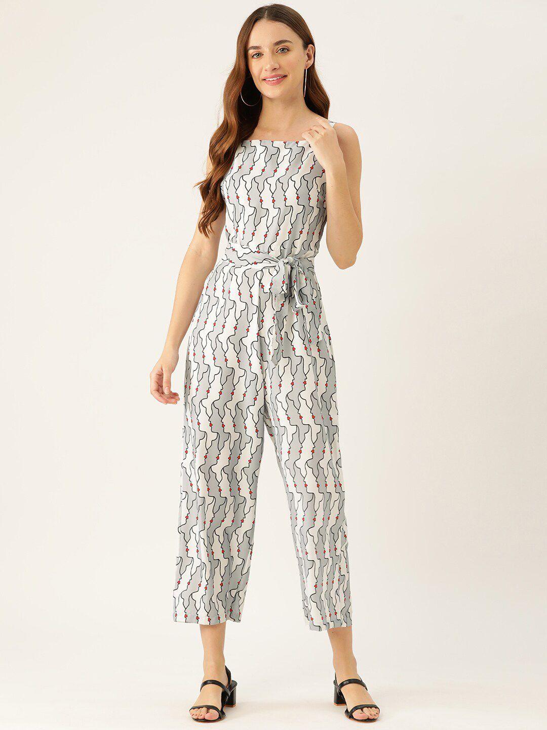 sleek italia conversational printed shoulder straps waist tie-ups basic jumpsuit