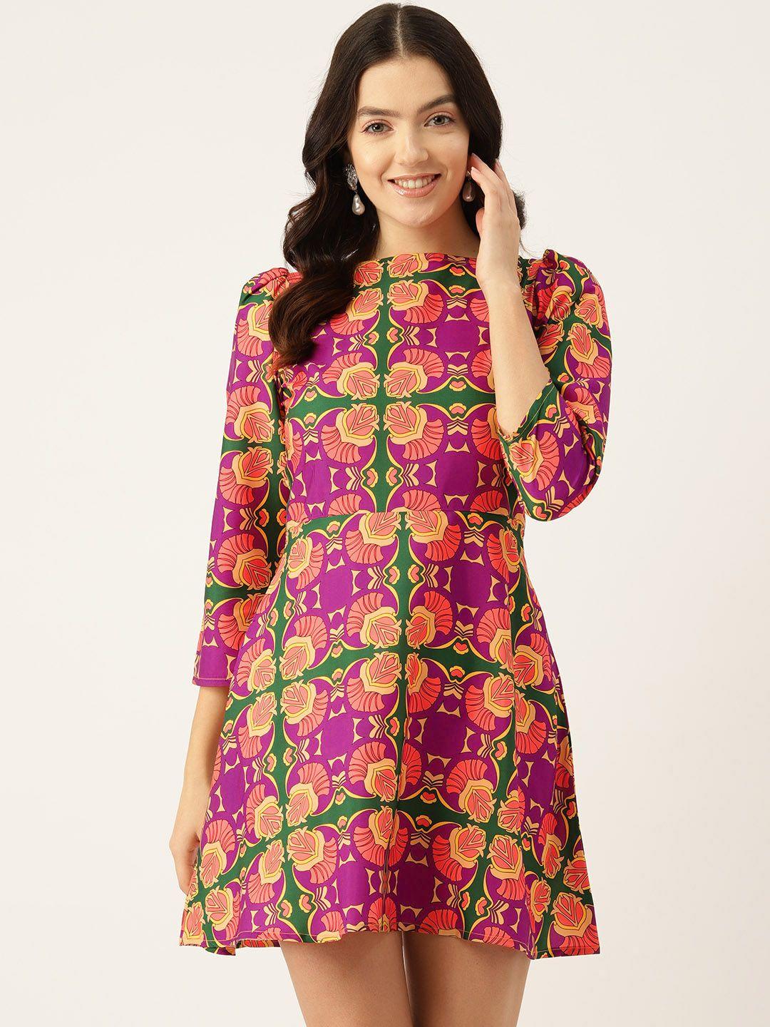 sleek italia ethnic motifs printed puff sleeve crepe a-line mini dress