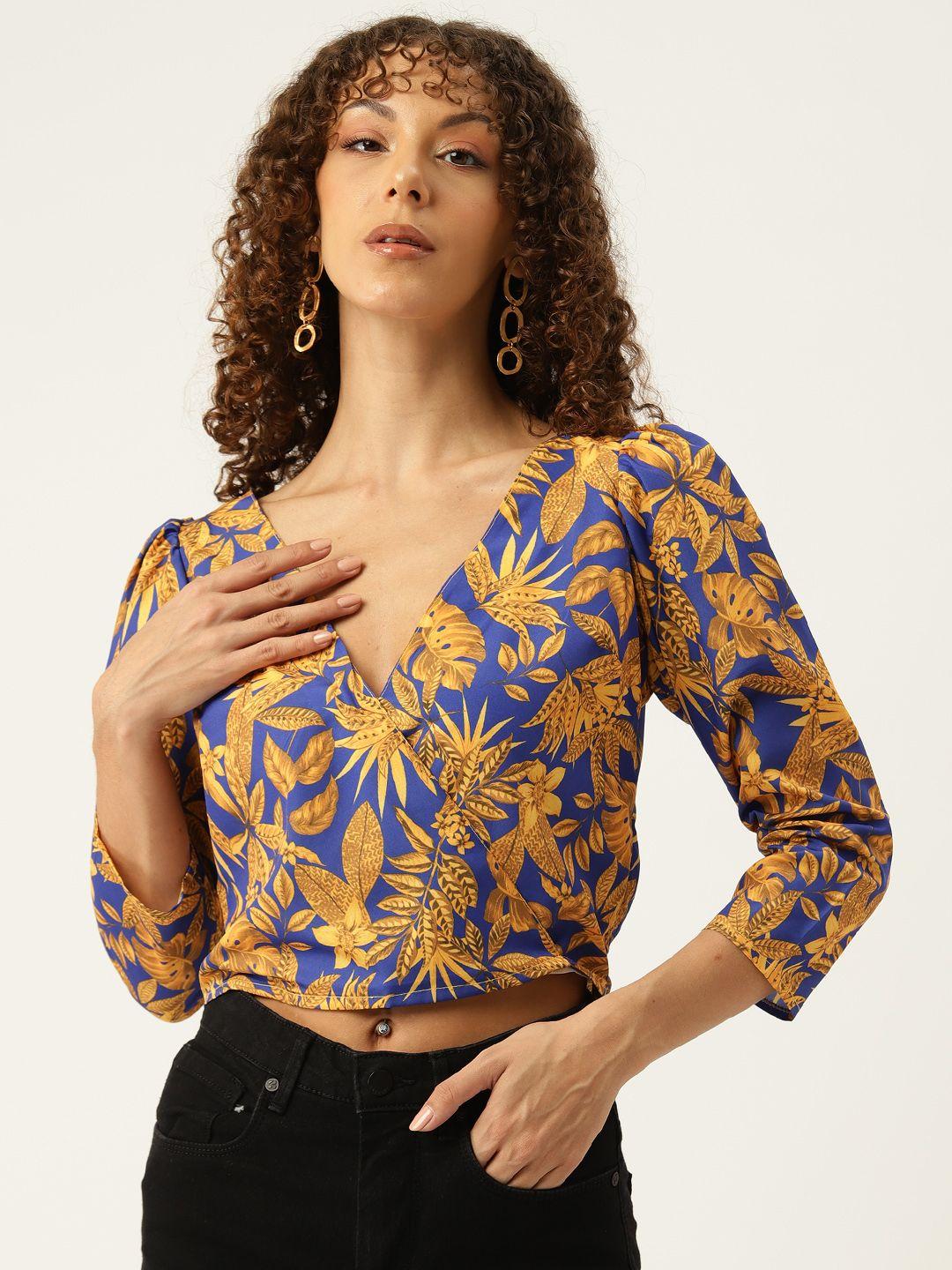 sleek italia floral print puff sleeve crepe wrap crop top