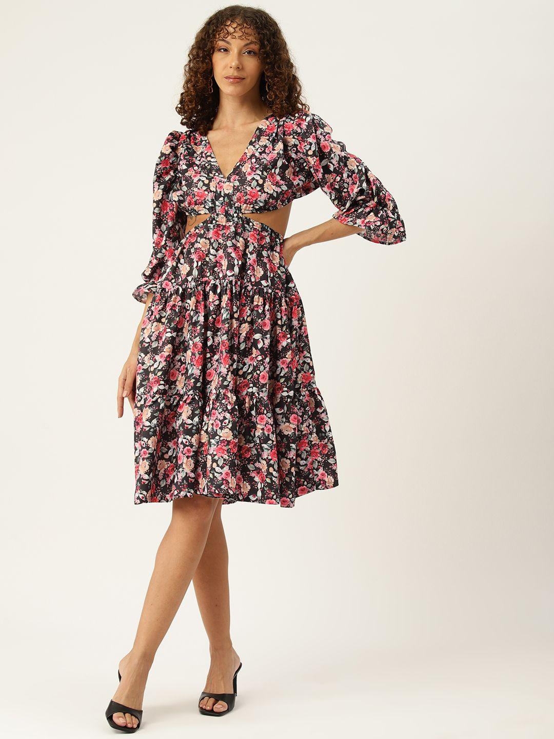 sleek italia floral print puff sleeves tiered crepe fit & flare dress with cut-outs