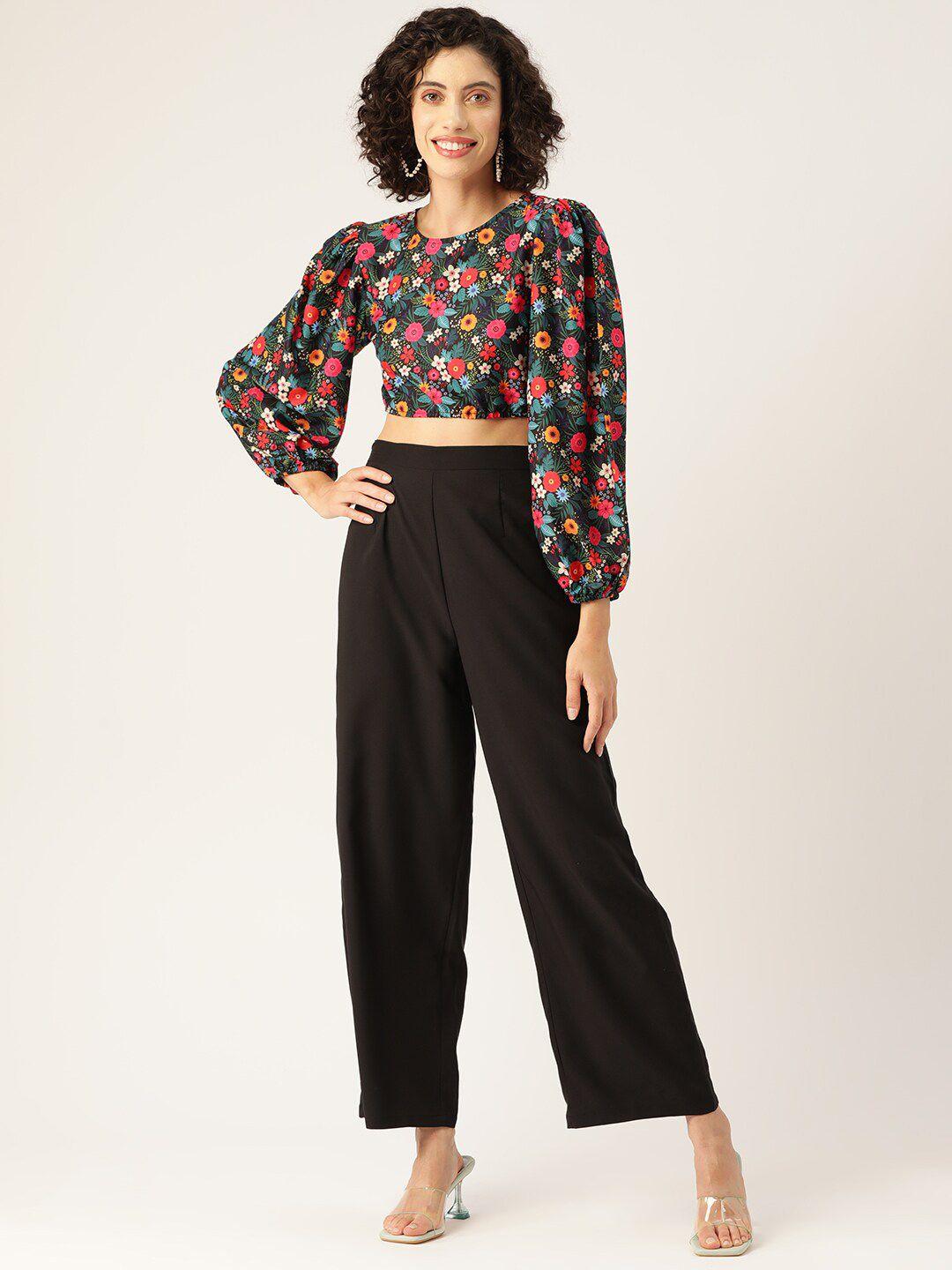 sleek italia floral printed crop top & trousers