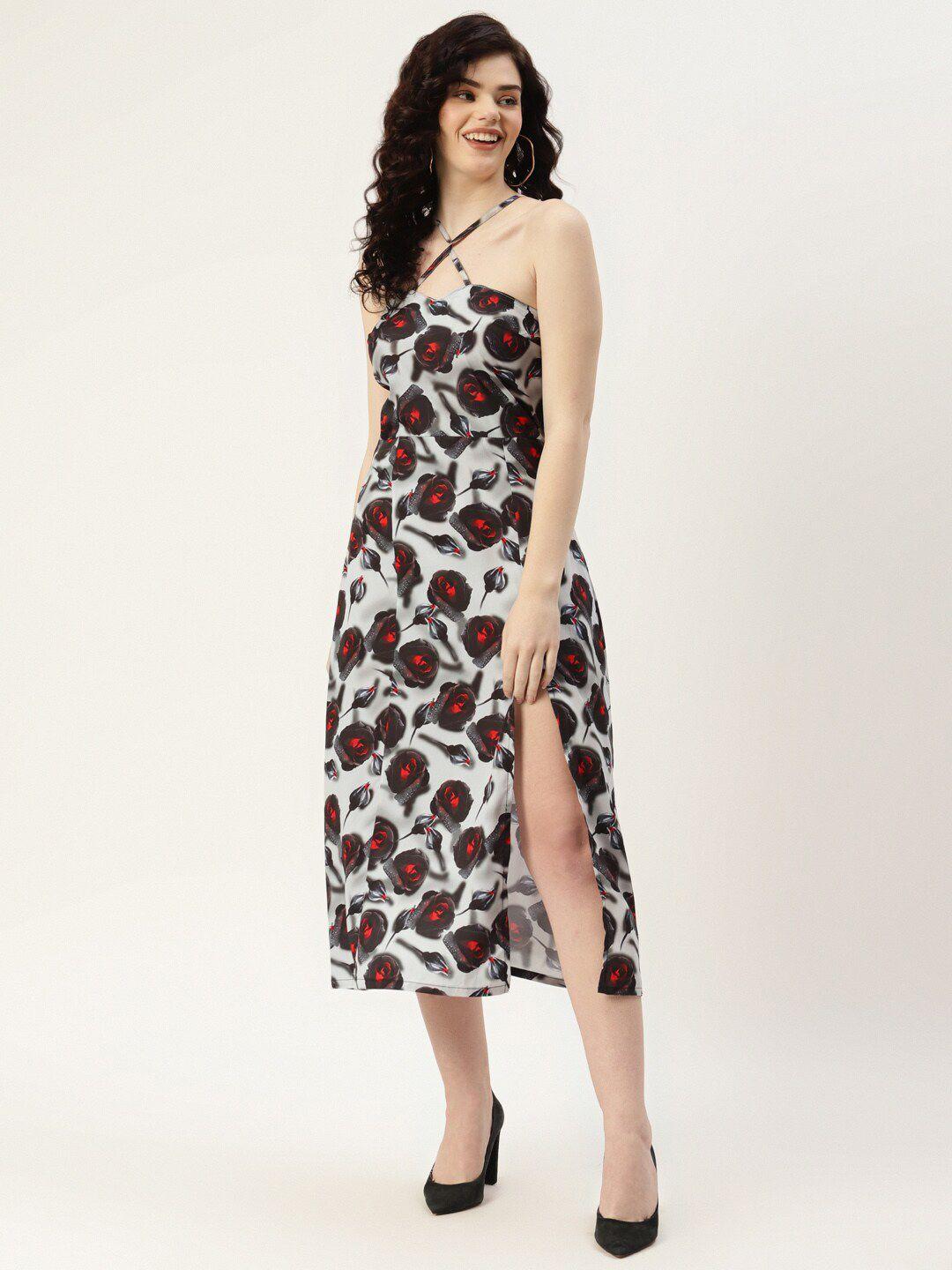 sleek italia floral printed halter neck crepe a-line midi dress