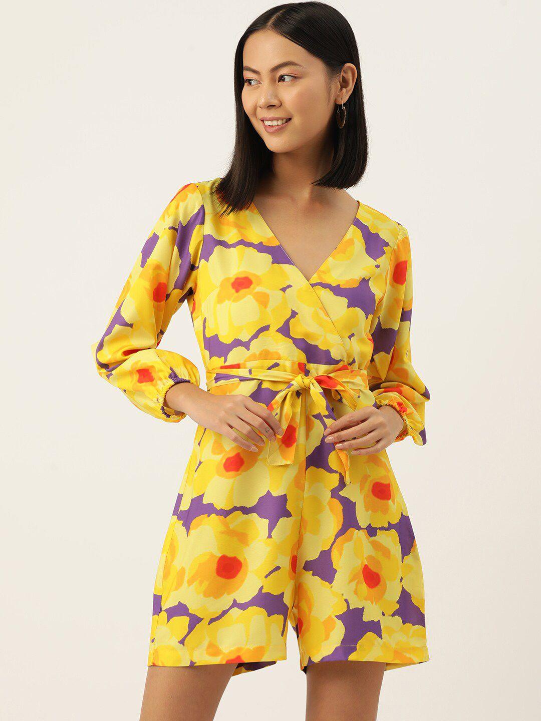 sleek italia floral printed long sleeves waist tie-ups playsuit