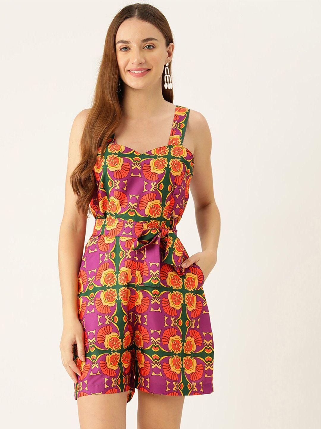 sleek italia floral printed shoulder straps waist tie-ups playsuit