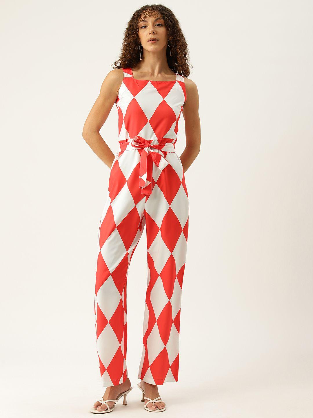 sleek italia geometric printed basic jumpsuit with waist tie-ups