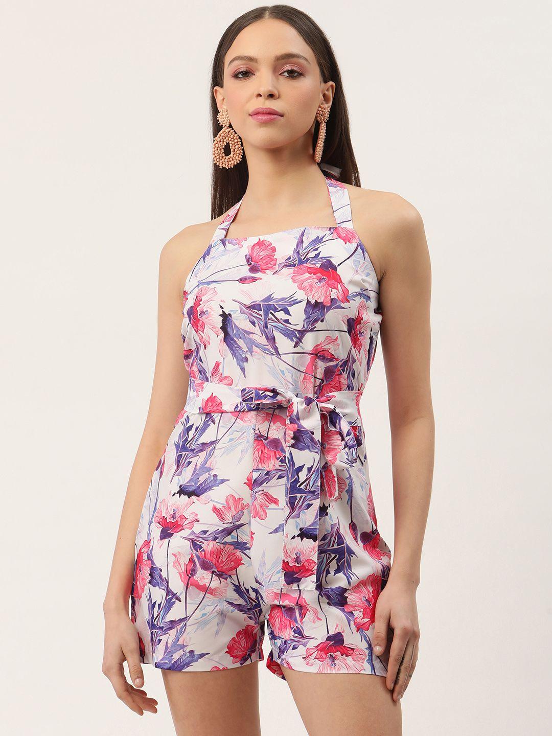 sleek italia halter neck floral printed playsuit with waist tie-ups