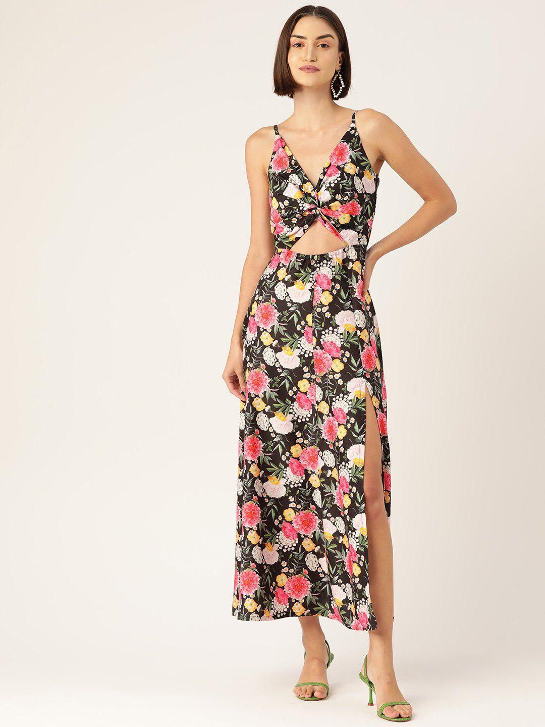 sleek italia shoulder strap floral printed cot-out detail midi dress
