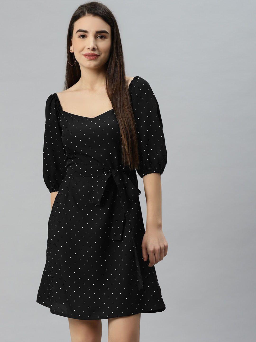 sleek italia square neck puff sleeves polka dots printed crepe a-line dress