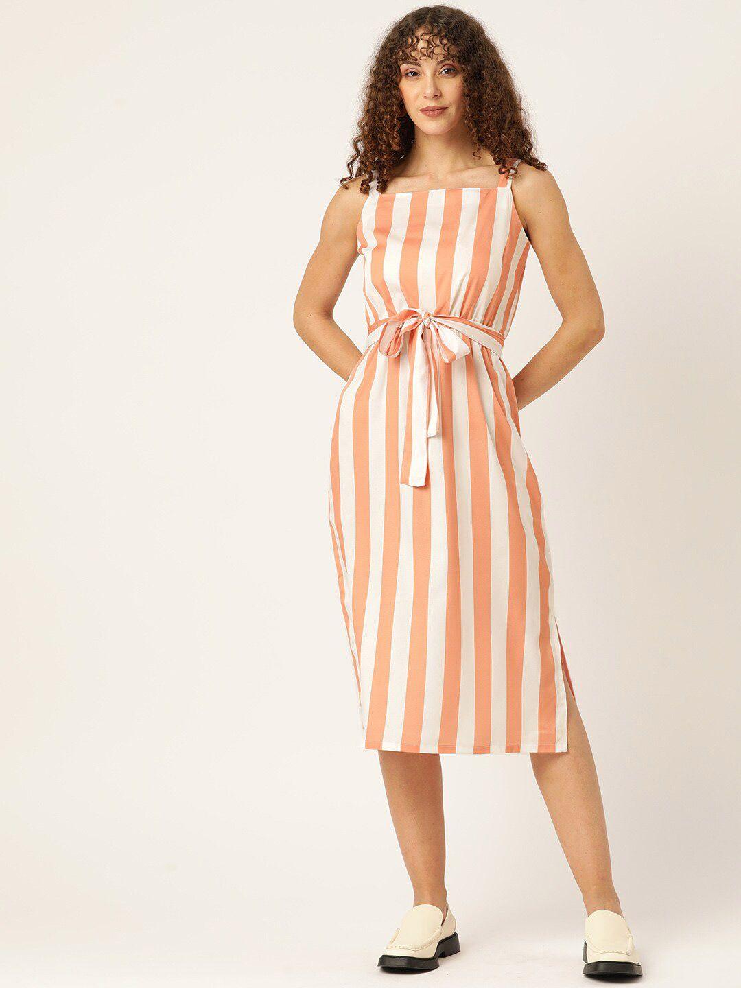 sleek italia striped belted side slit a-line midi dress