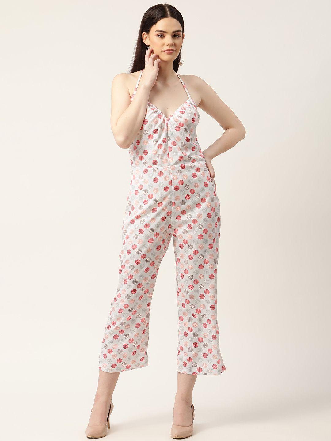 sleek italia white & peach-coloured polka dot printed crop culotte jumpsuit