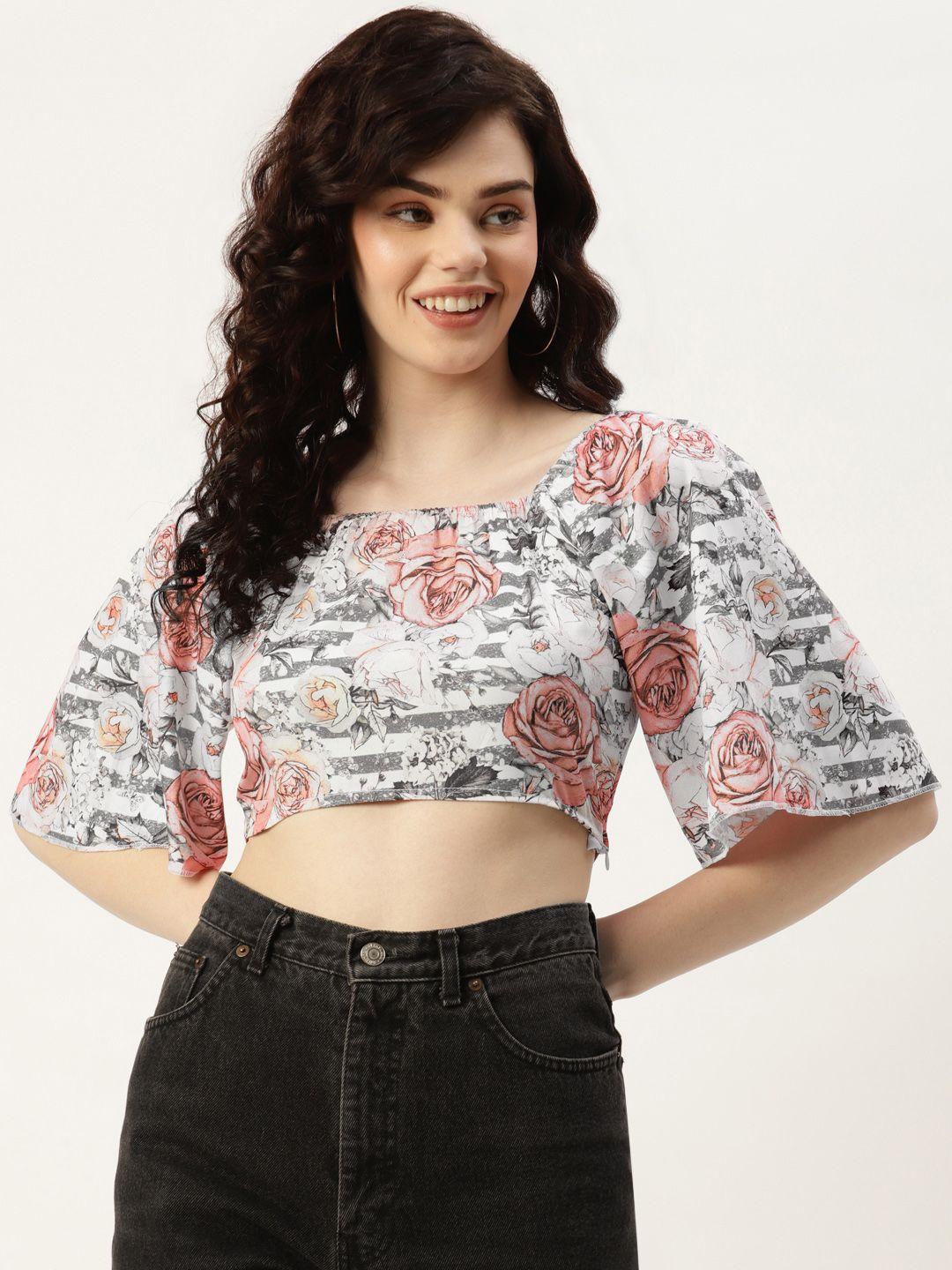 sleek italia white & pink floral print crepe crop top