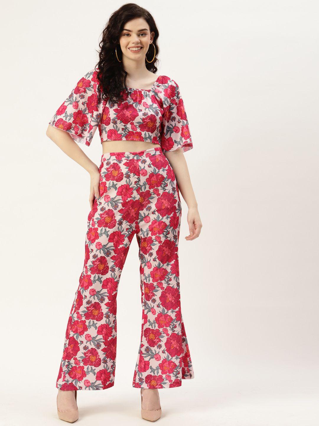 sleek italia women beige and red floral printed trousers with top