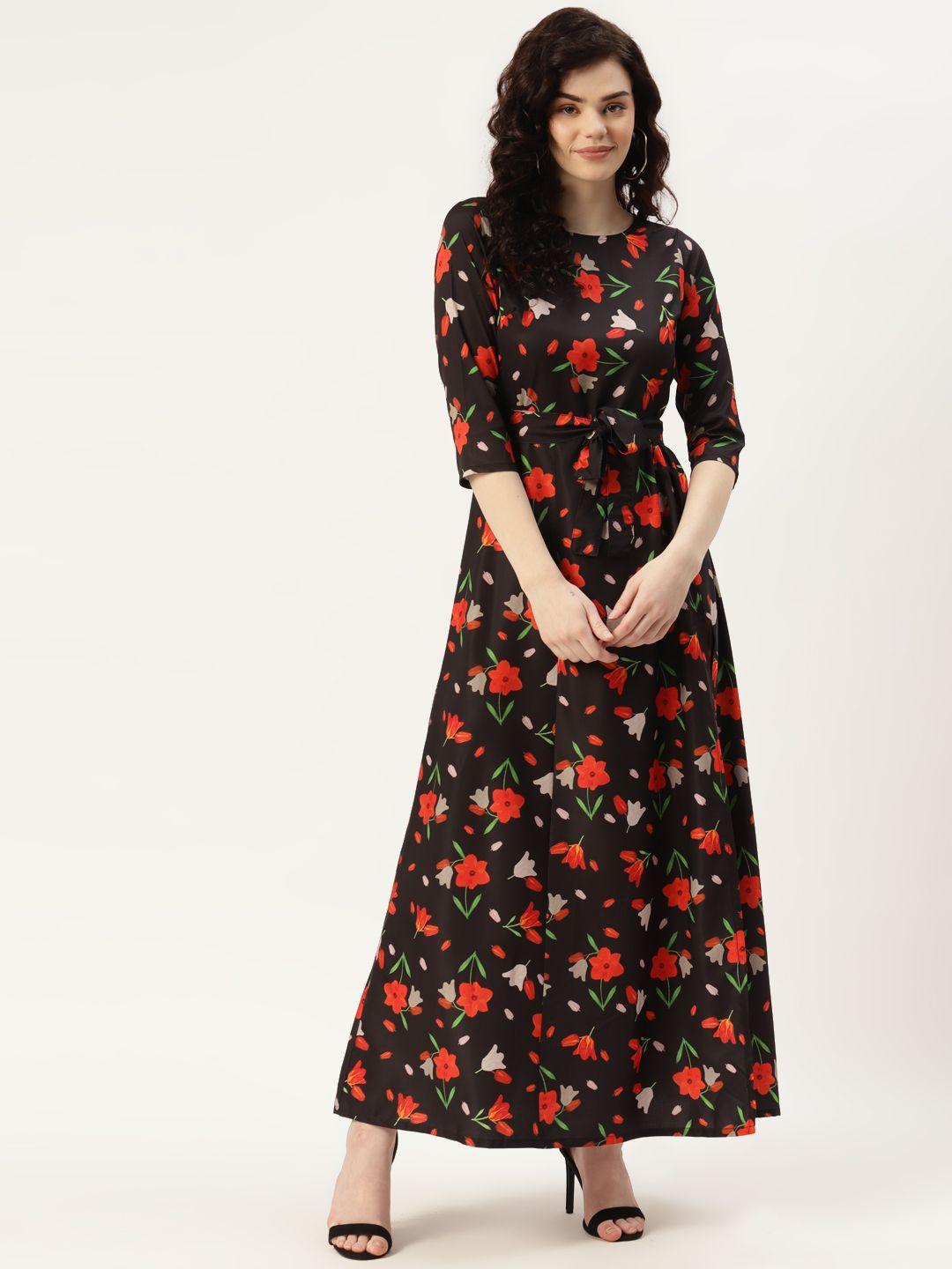 sleek italia women black & red floral print crepe maxi dress