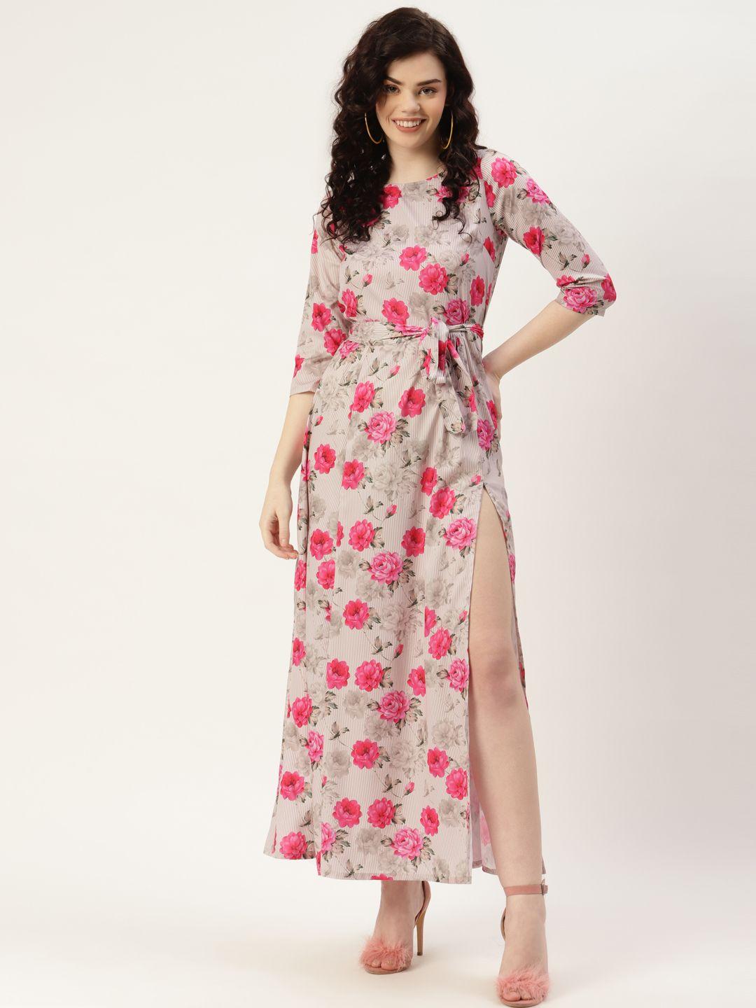 sleek italia women grey & pink floral print crepe maxi dress