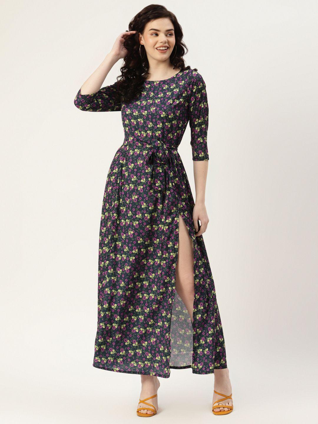 sleek italia women navy blue & green floral print crepe maxi dress