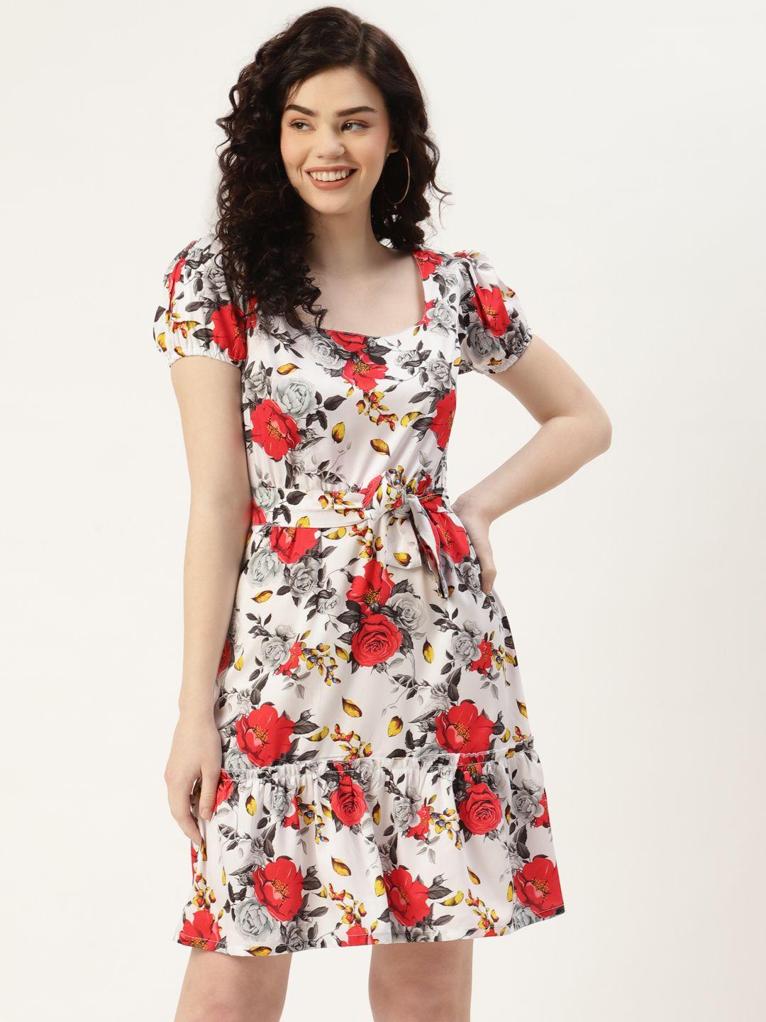 sleek italia women white & red floral print fit & flare dress