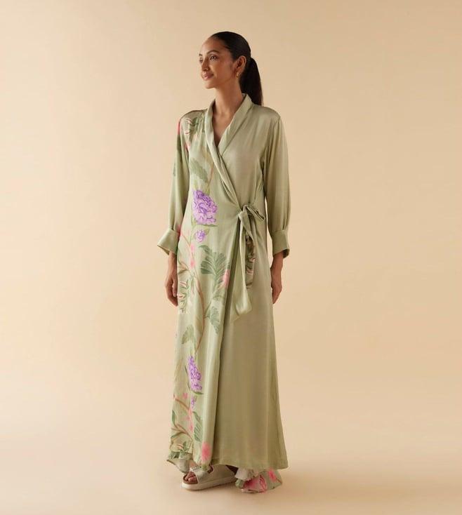 sleeplove sage green paradise of love floral dream cuffed lounge robe