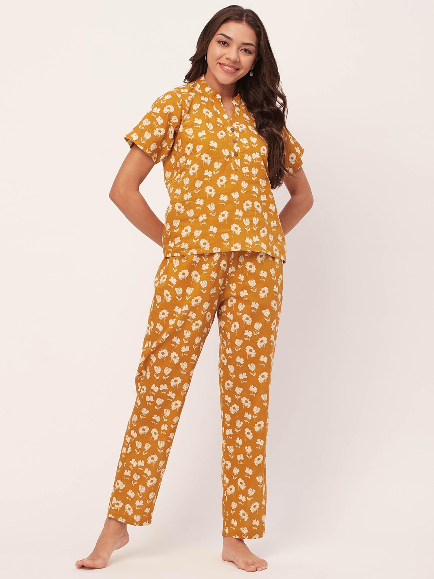 sleepwear cotton night suits - mustard (set of 2)