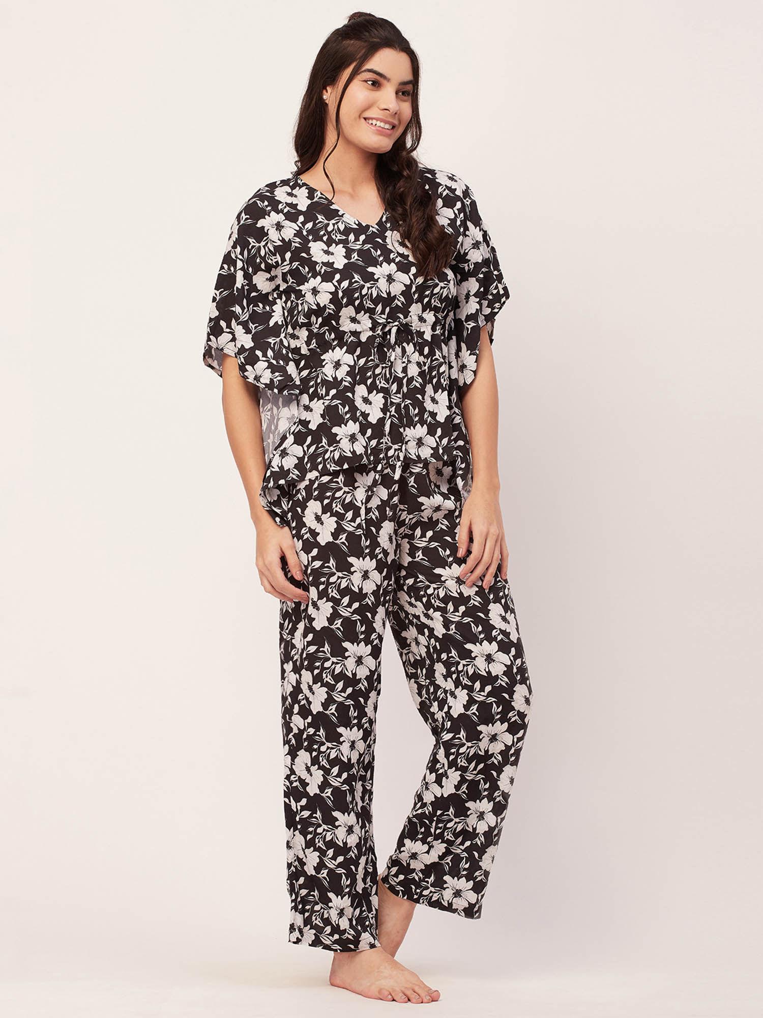 sleepwear printed kaftan top pajama - black (set of 2)