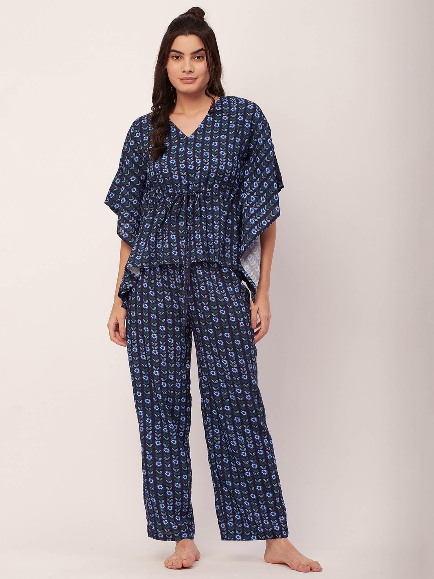 sleepwear printed kaftan top pajama - blue (set of 2)