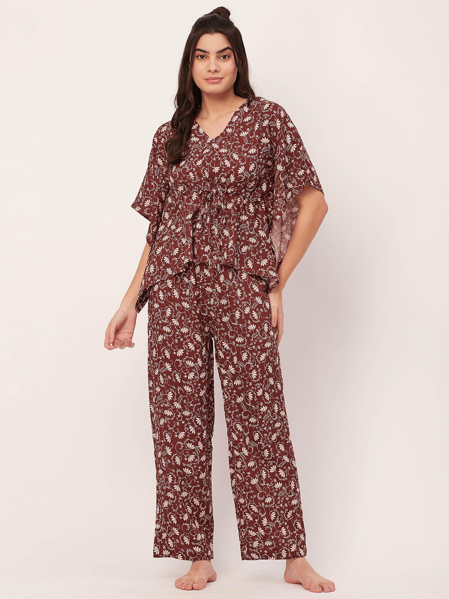 sleepwear printed kaftan top pajama - brown (set of 2)