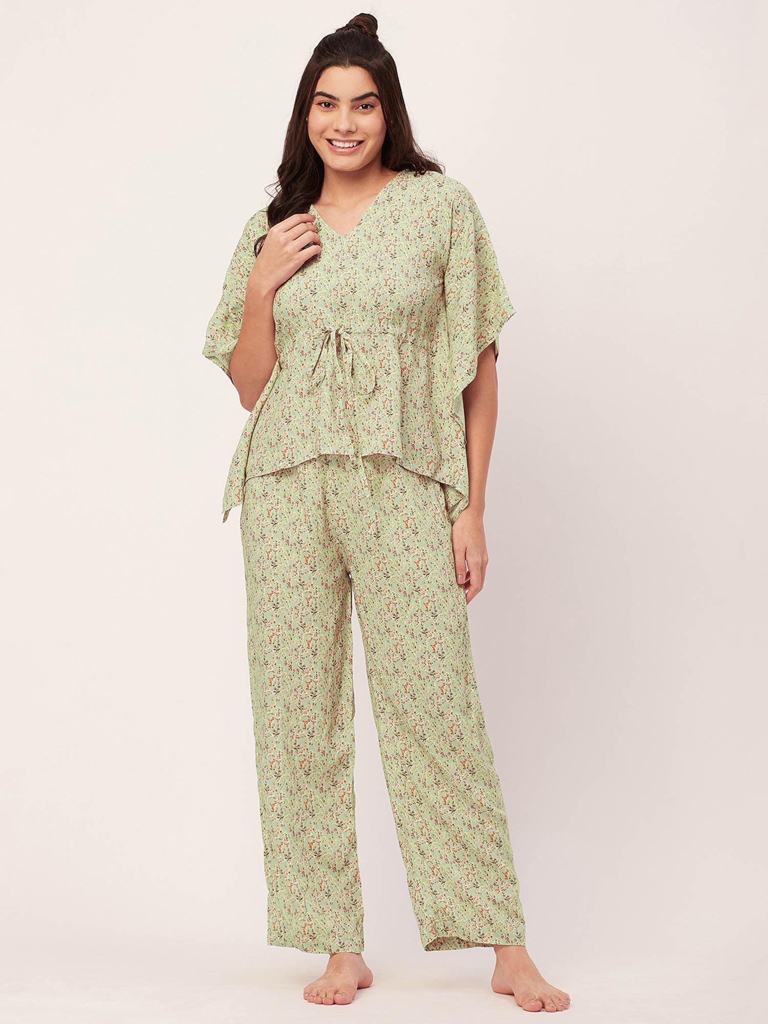 sleepwear printed kaftan top pajama - green (set of 2)