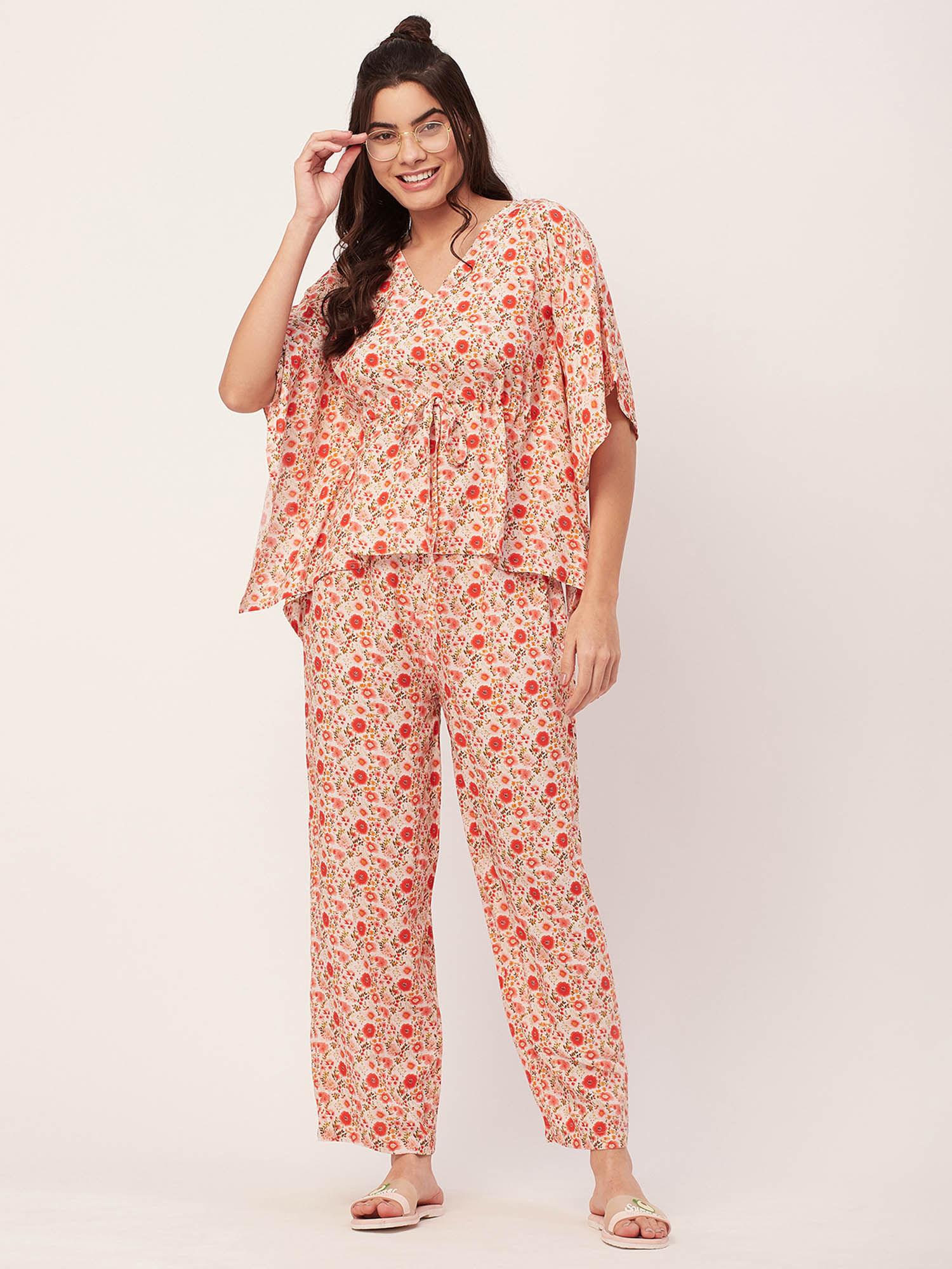 sleepwear printed kaftan top pajama - orange (set of 2)