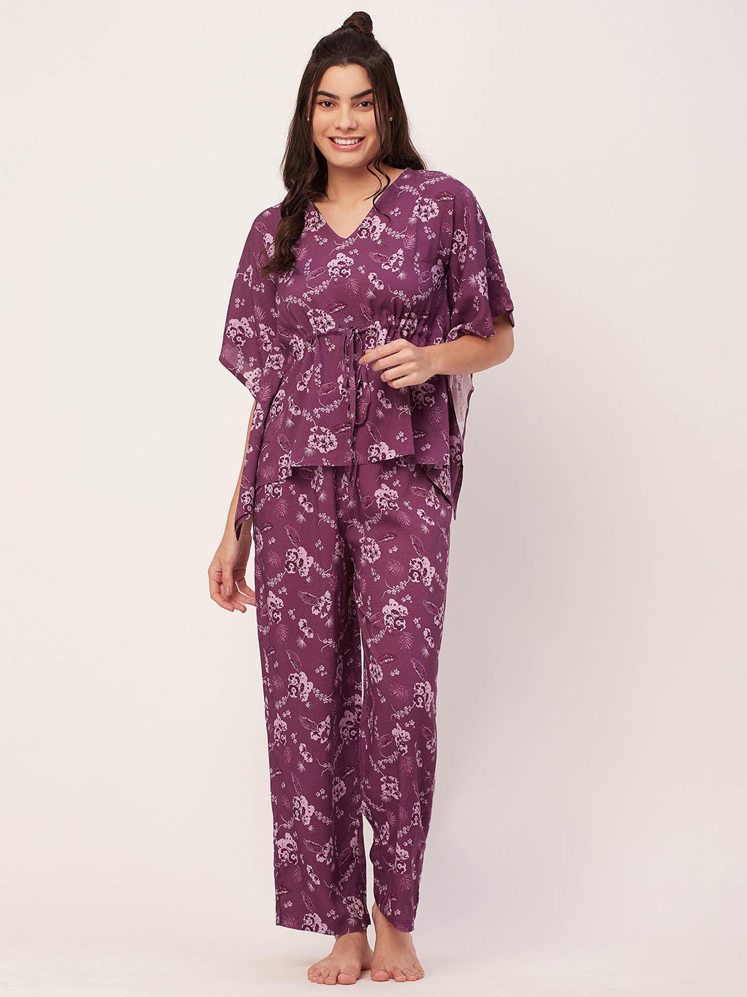 sleepwear printed kaftan top pajama - purple (set of 2)