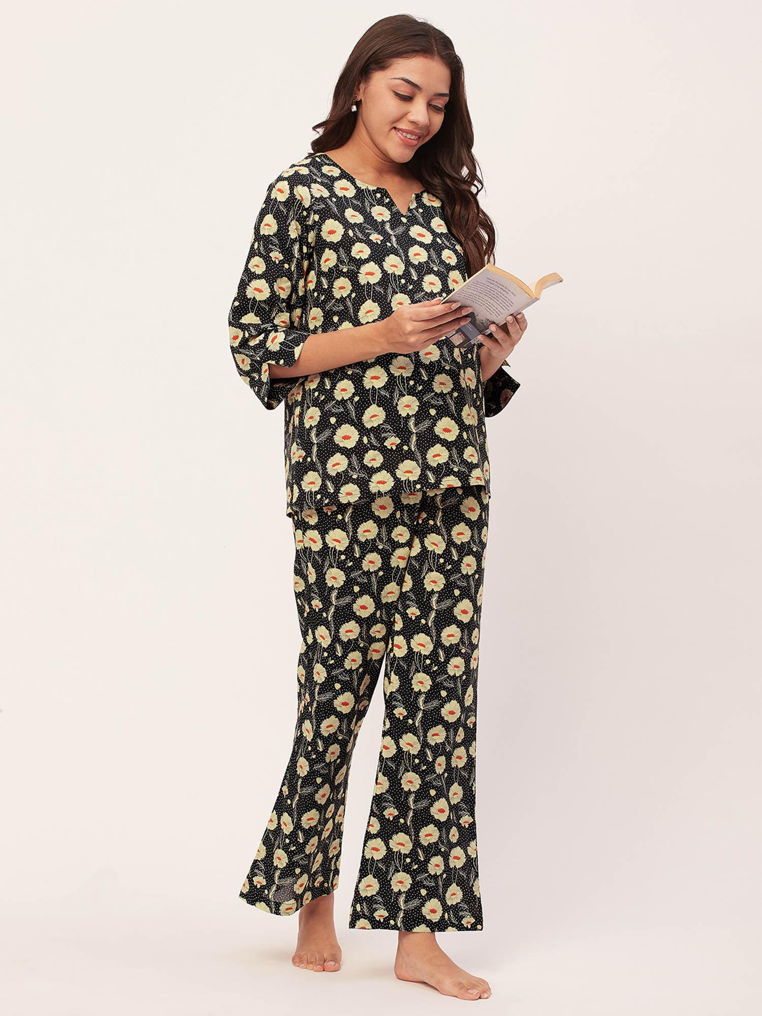 sleepwear printed night suit for women - black (set of 2)