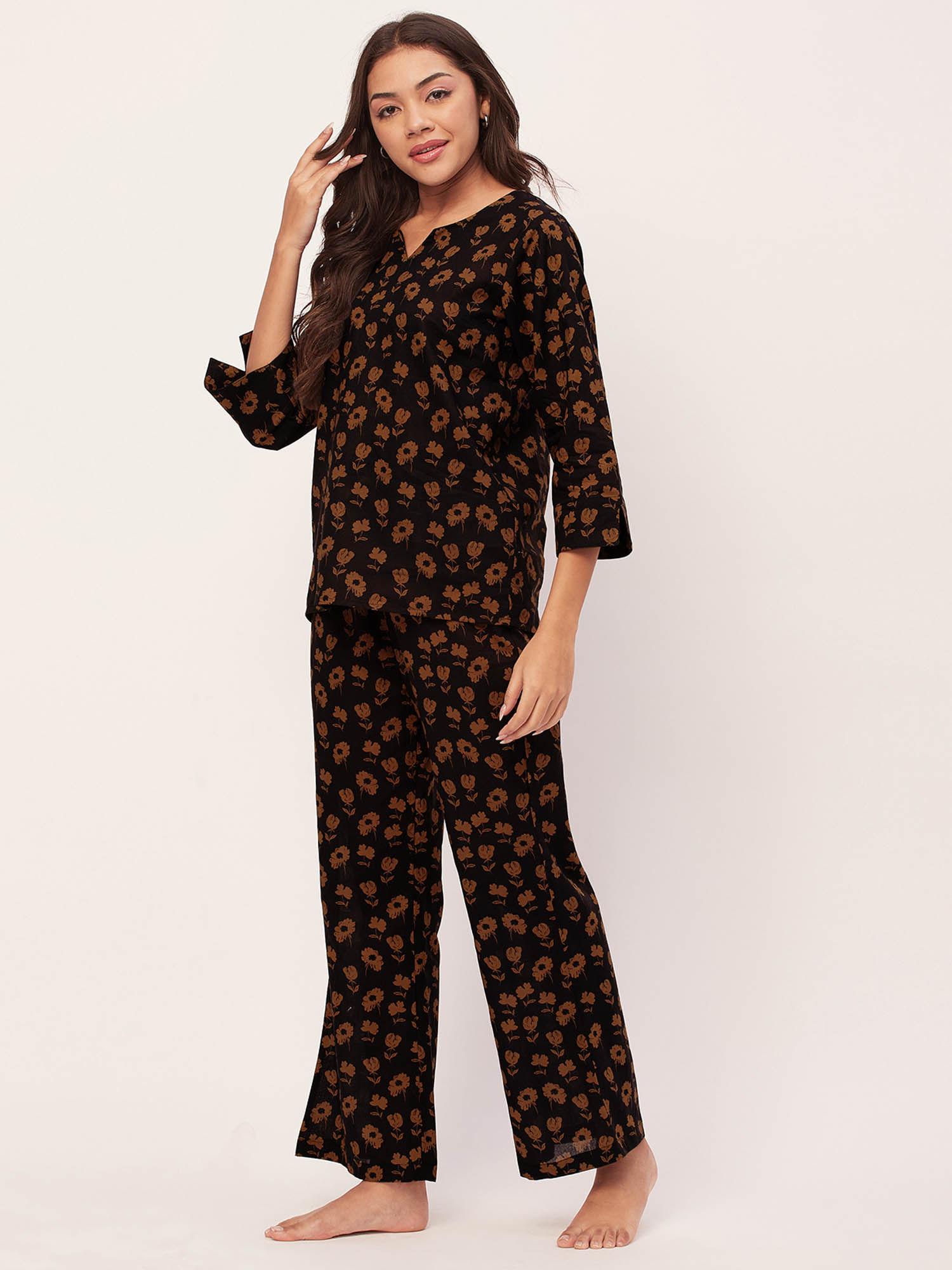 sleepwear printed night suit for women - black (set of 2)