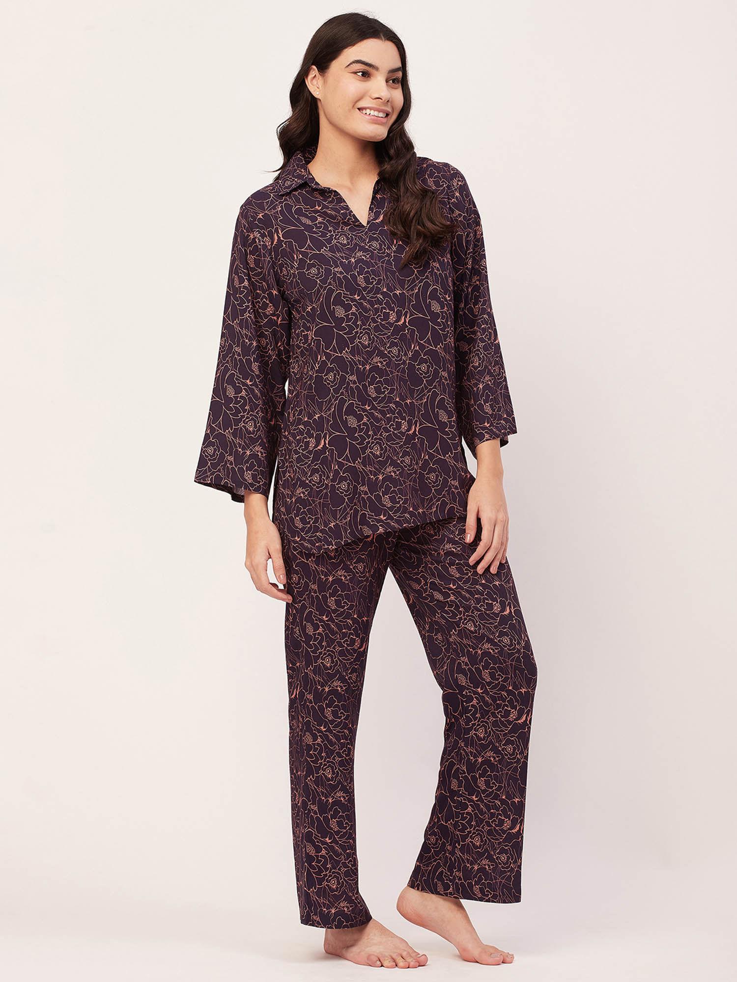 sleepwear printed night suit for women - blue (set of 2)