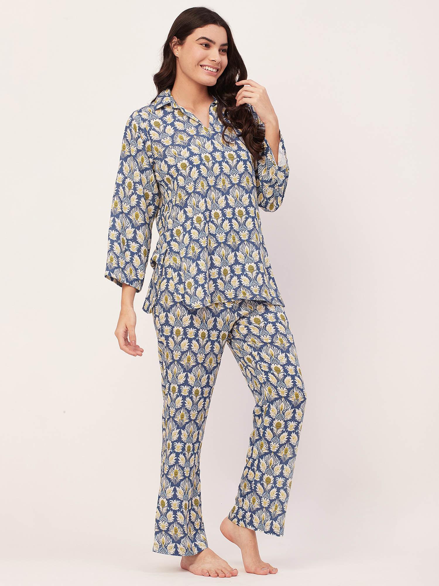 sleepwear printed night suit for women - blue (set of 2)