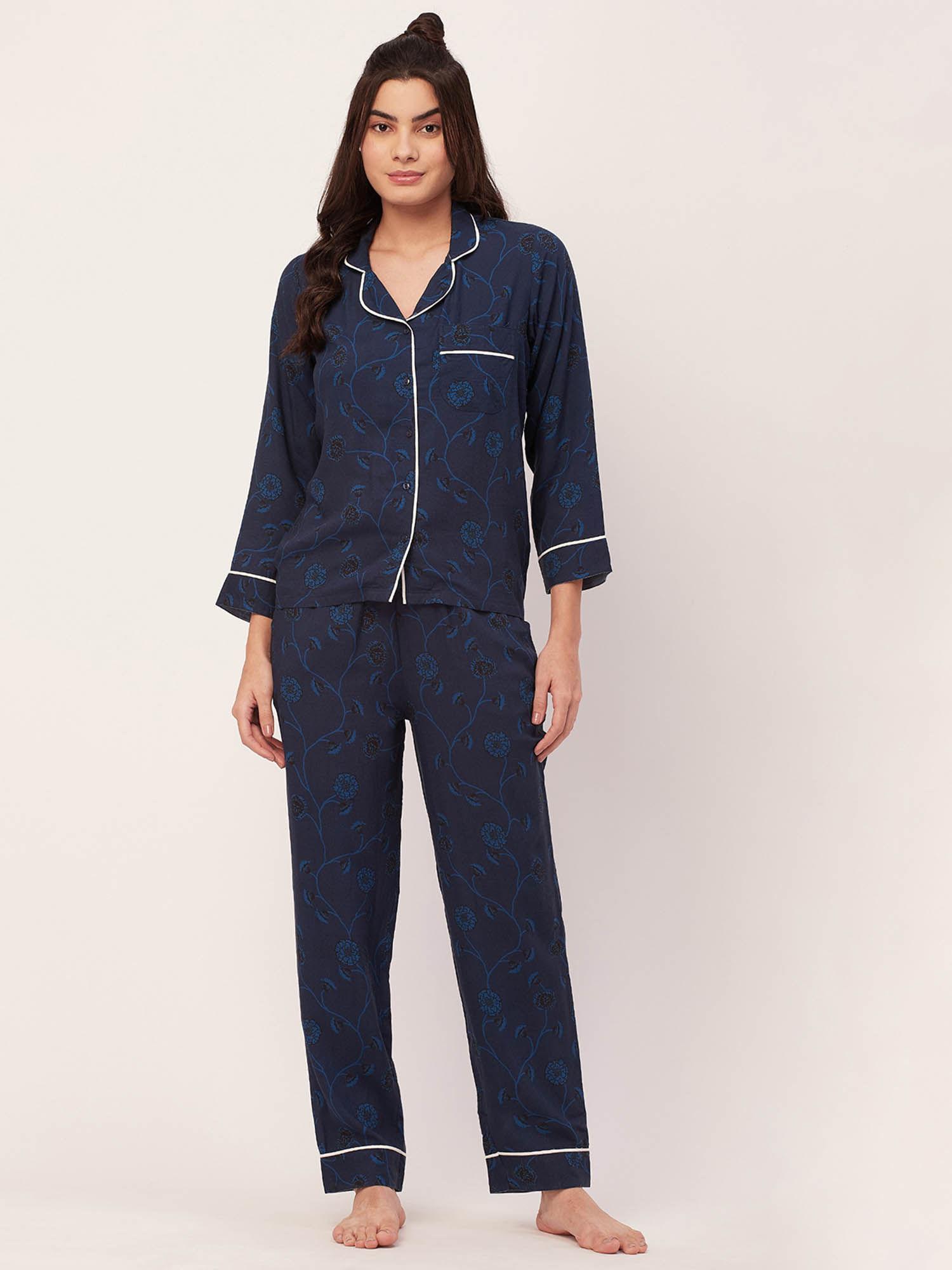 sleepwear printed night suit for women - blue (set of 2)