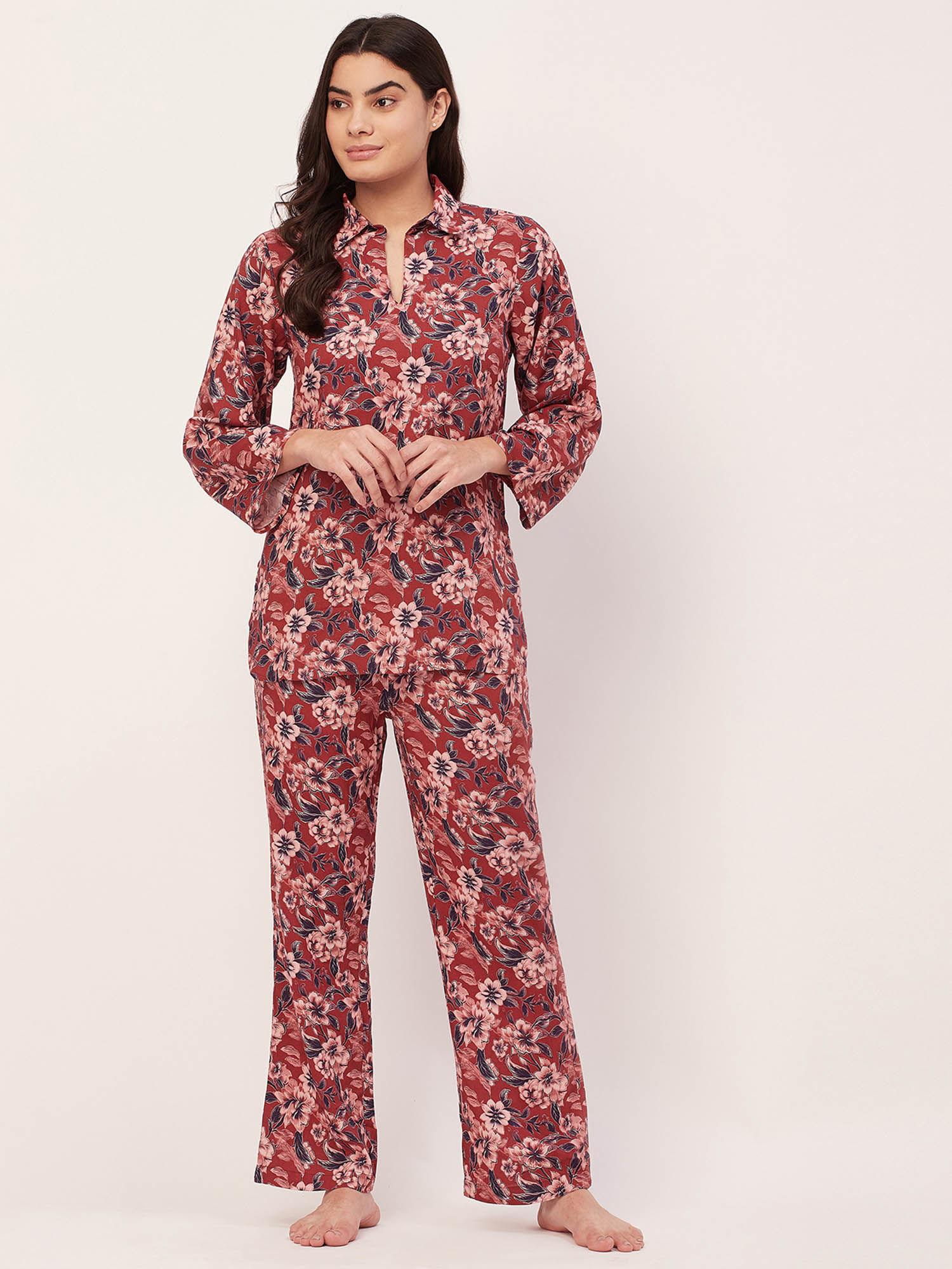 sleepwear printed night suit for women - brown (set of 2)